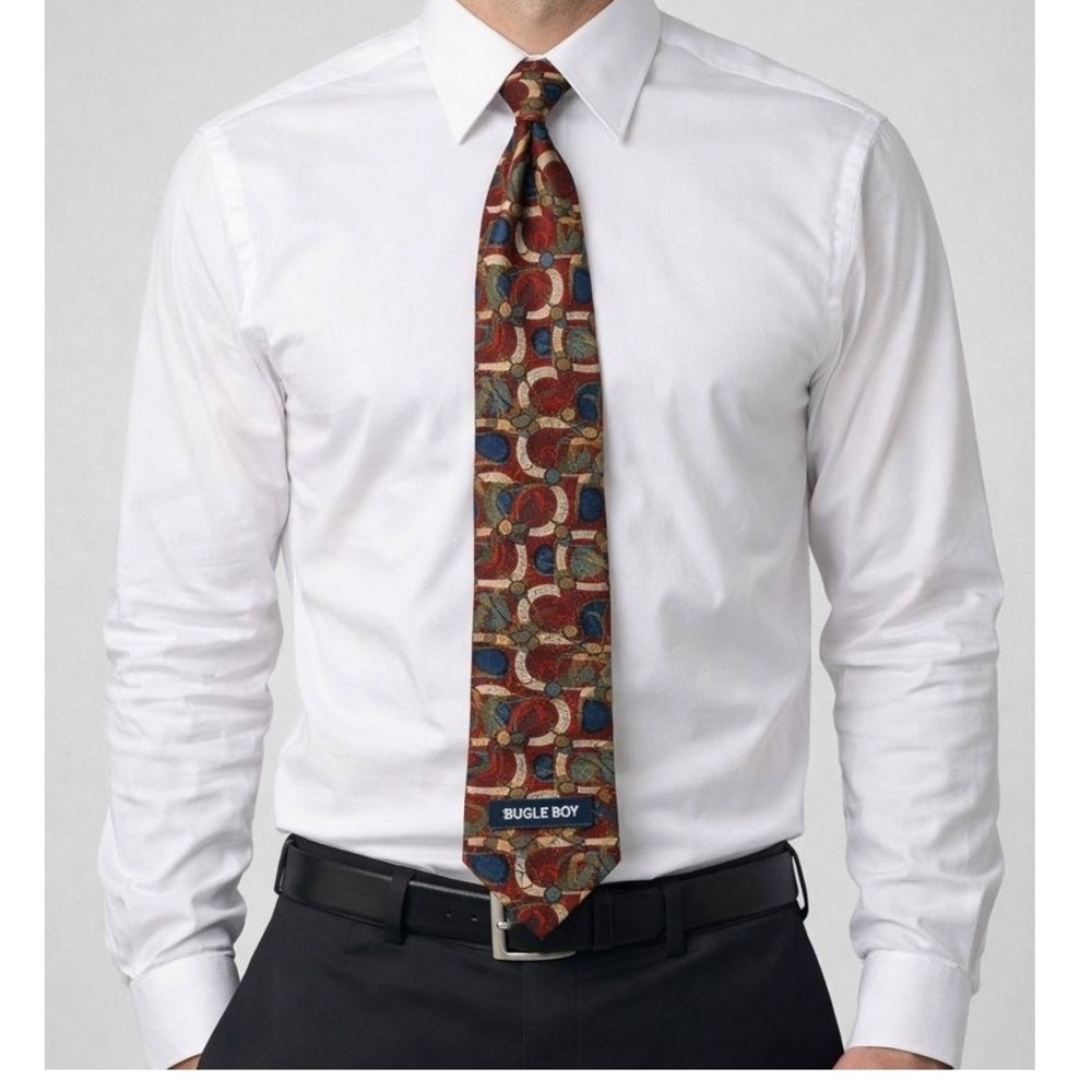 Bugle Boy Men's Silk Blend Necktie Burgundy‎ Gold Blue Patterned
